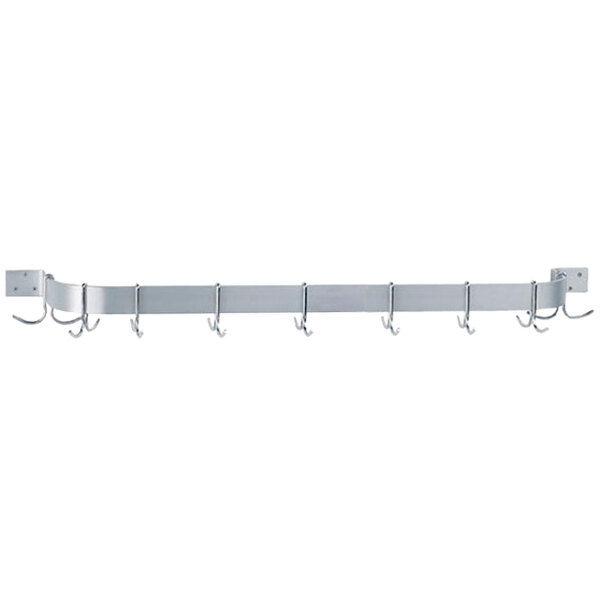 A stainless steel wall mounted pot rack with double prong hooks.
