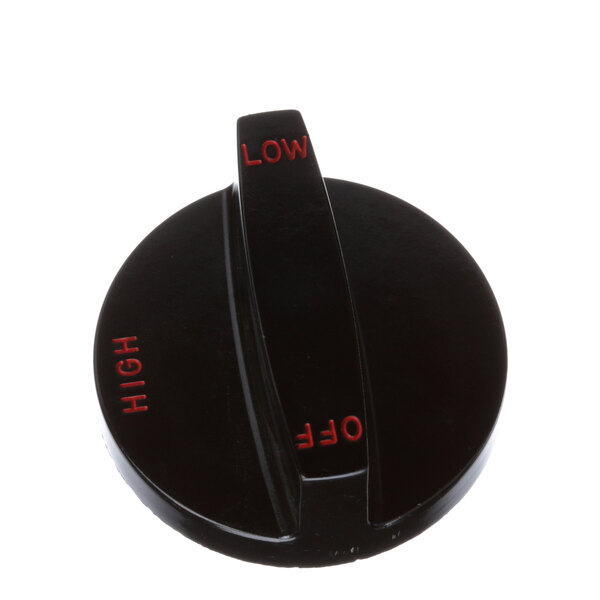 A close up of a black Southbend valve knob with red text.
