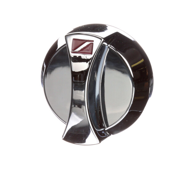 A close-up of a shiny silver and black Southbend knob.