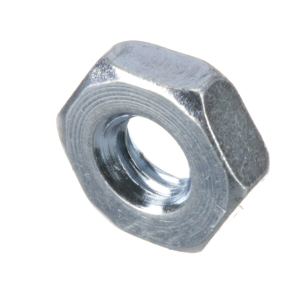 A close-up of a silver hex nut.
