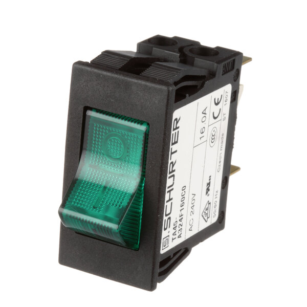 A green plastic APW Wyott on/off rocker switch with a white label.