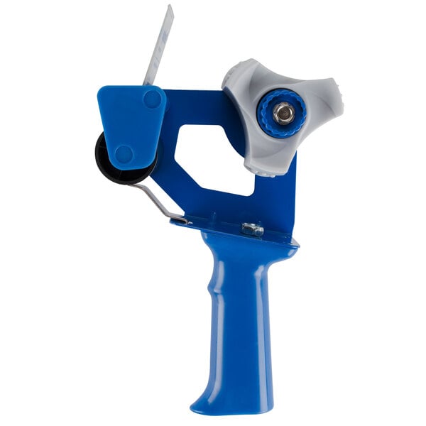 A blue and white Shurtape standard pistol grip packaging tape gun dispenser with a handle.