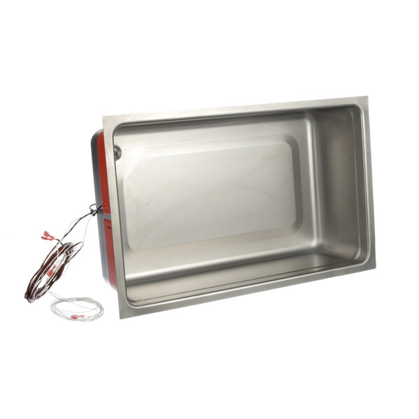 A stainless steel drop-in food well with wires.