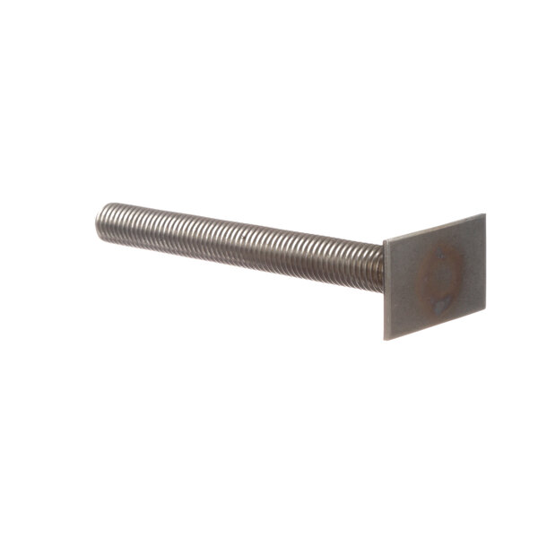 A close-up of a metal screw with a metal plate.