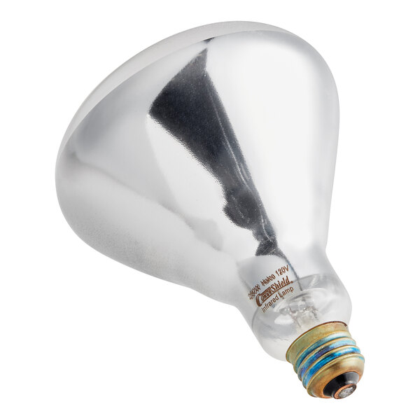 A clear light bulb with a metal base.