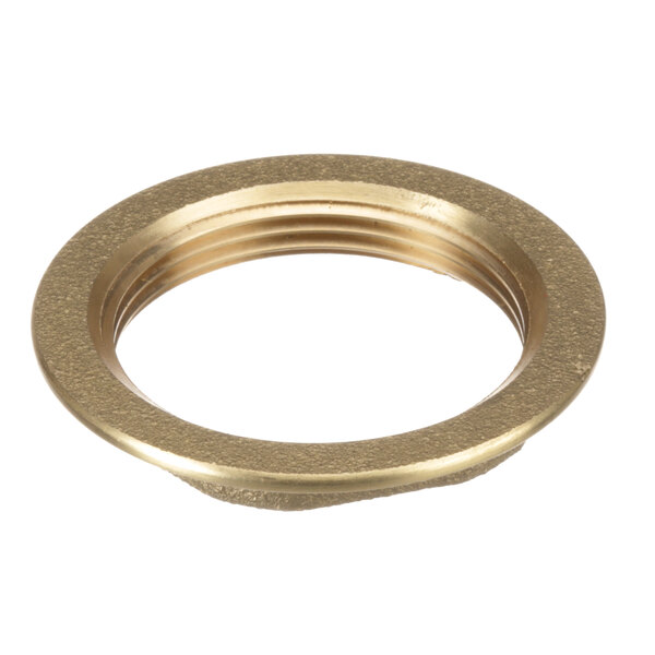 A brass Hatco nut with a gold finish.