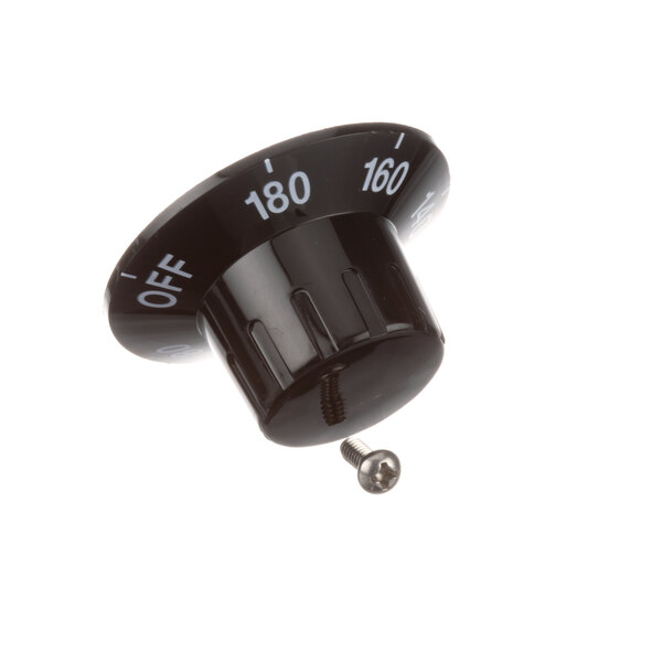 A close-up of a black True Refrigeration T-Stat knob with white numbers.