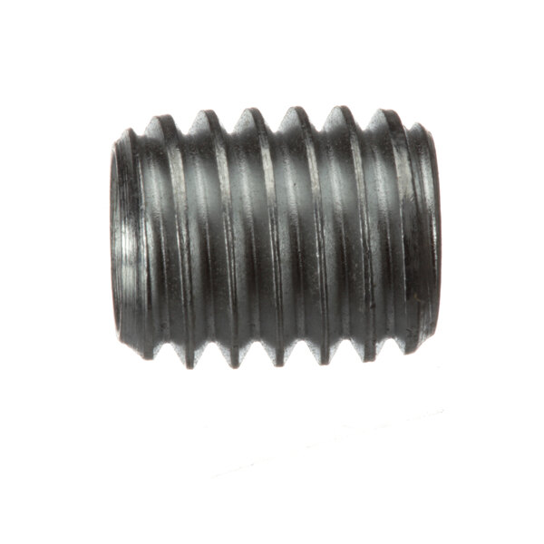 A close-up of a black threaded screw.