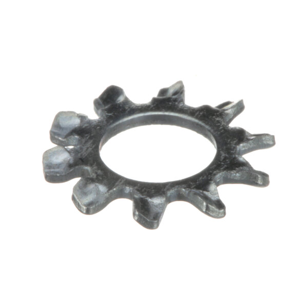 A close-up of a metal ring with gear teeth on the outside.