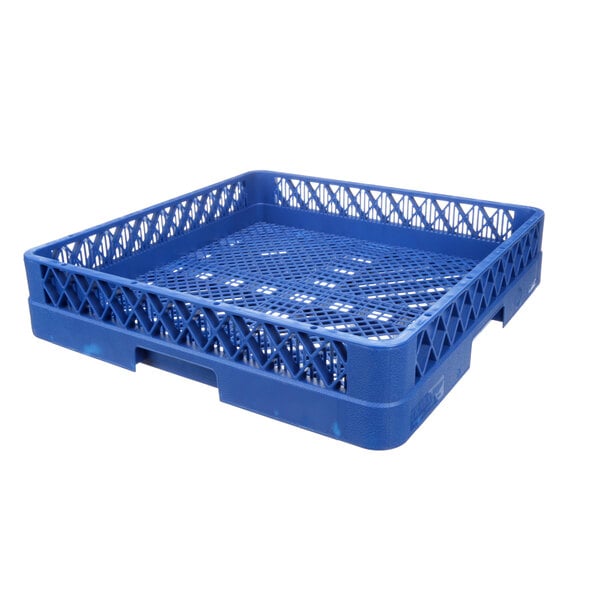 A blue plastic basket with a lattice pattern.