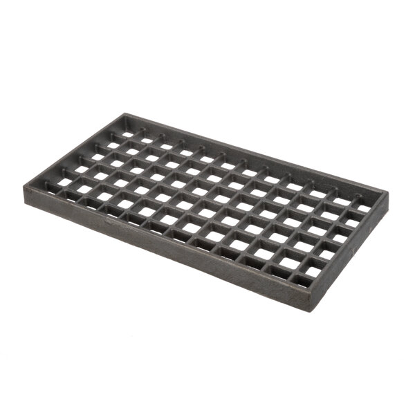 A grey metal grate with a grid pattern and holes.