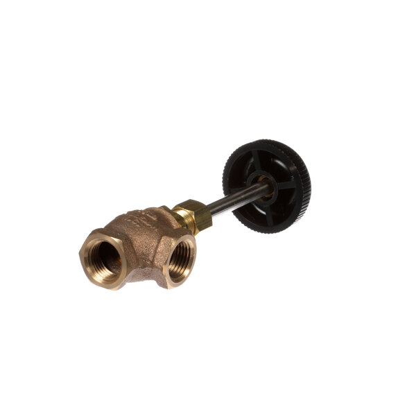 A Market Forge brass angle steam valve with a black handle.