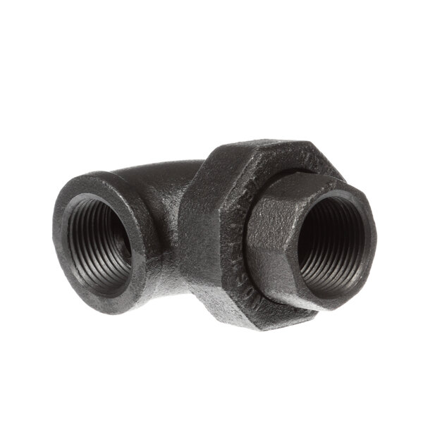 A black metal pipe fitting with a nut on the end.