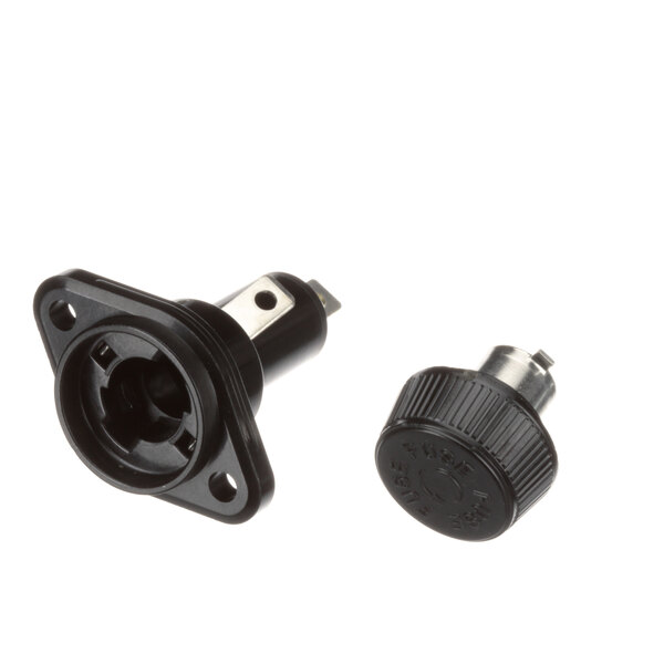 A black plastic fuse holder with two black plastic plugs and a screw on the end.