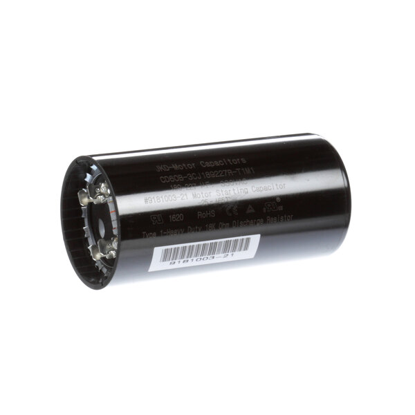 A black cylindrical Ice-O-Matic start capacitor with a white label.
