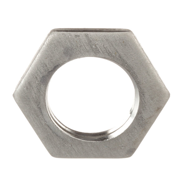 A close-up of a stainless steel hexagonal locknut with a silver finish.