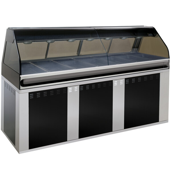 An Alto-Shaam black food display case with curved glass over a stainless steel base.
