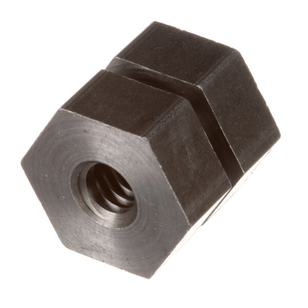 A close-up of a black hexagon nut with metal ridges.