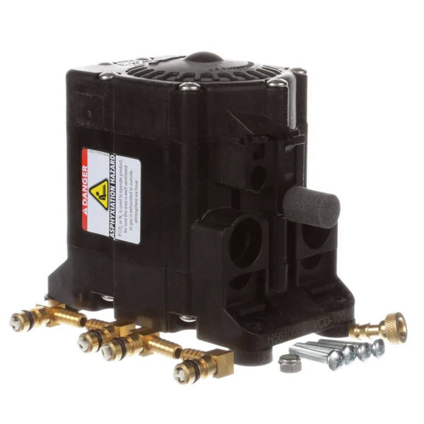 A black Cornelius water pump kit box with gold hardware and screws.