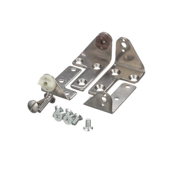 A pair of metal brackets and screws for a Perlick cabinet hinge.