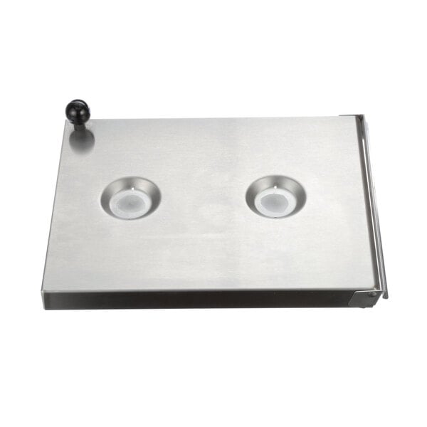 A stainless steel Antunes cover with two circles.
