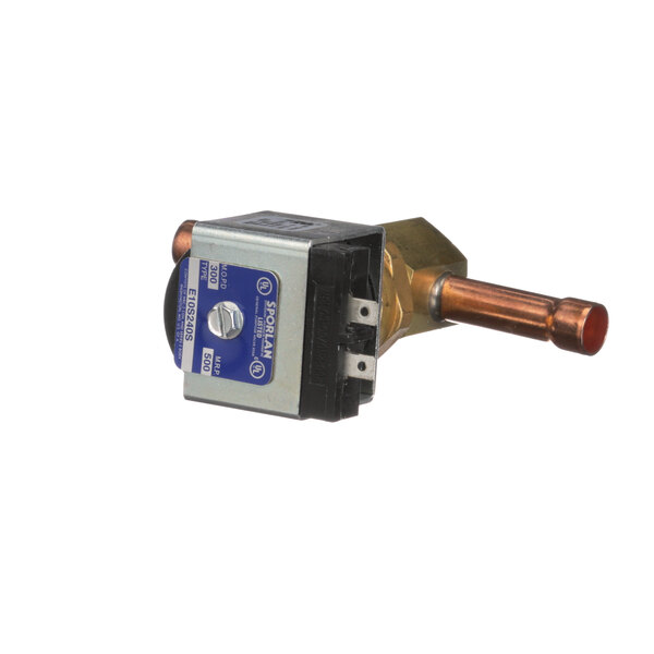 A close-up of a Stoelting by Vollrath solenoid valve with a blue and red button.