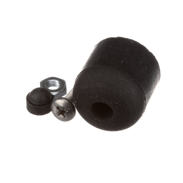 A black rubber ball and nut with a screw.