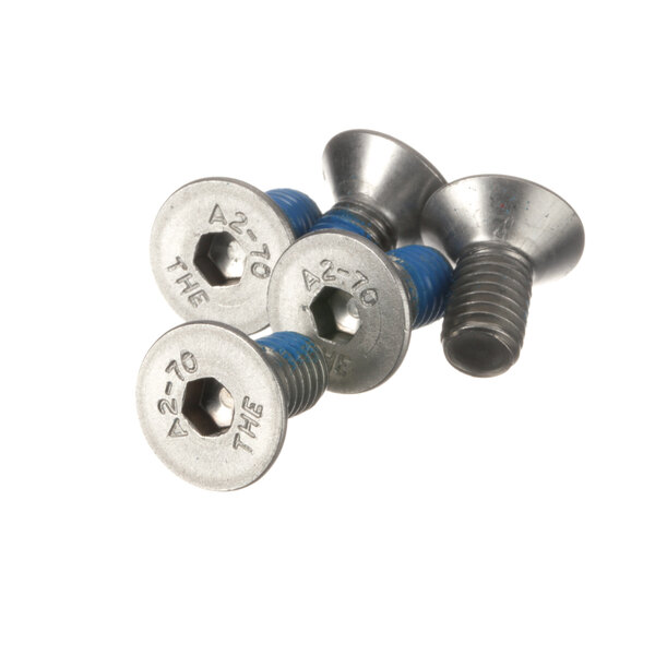 A close-up of three Rational screws with blue nuts.