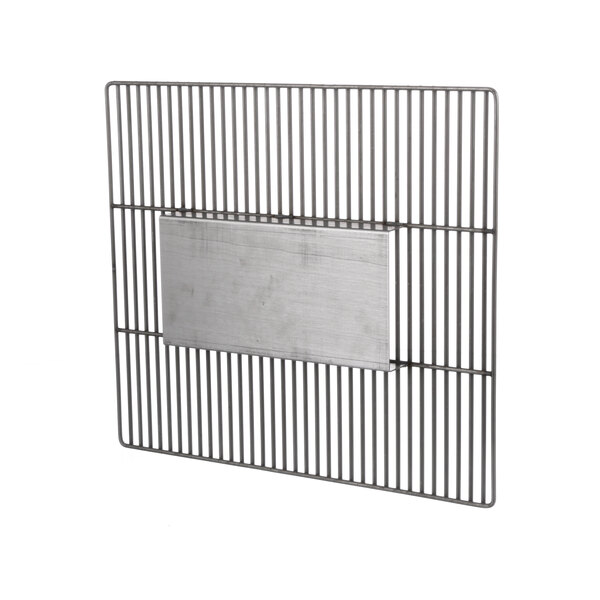 A metal grid with a rectangular frame and a hole in the middle.