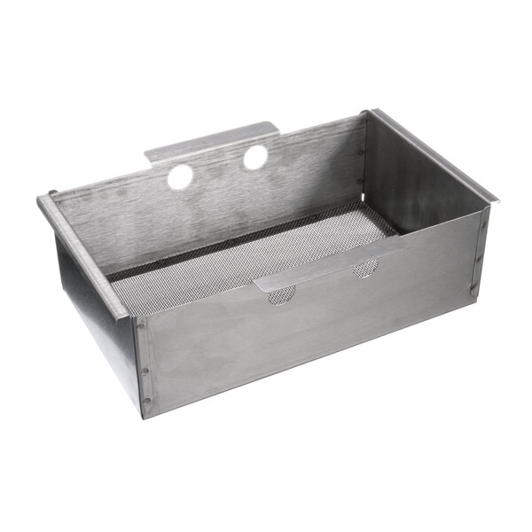 A stainless steel metal box with mesh holes.