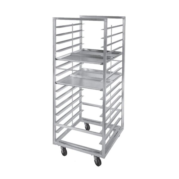 A Channel double aluminum bun pan rack with shelves on wheels.