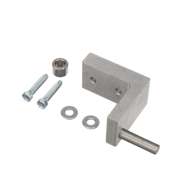 A metal piece with screws and nuts for a True Refrigeration top right hinge.