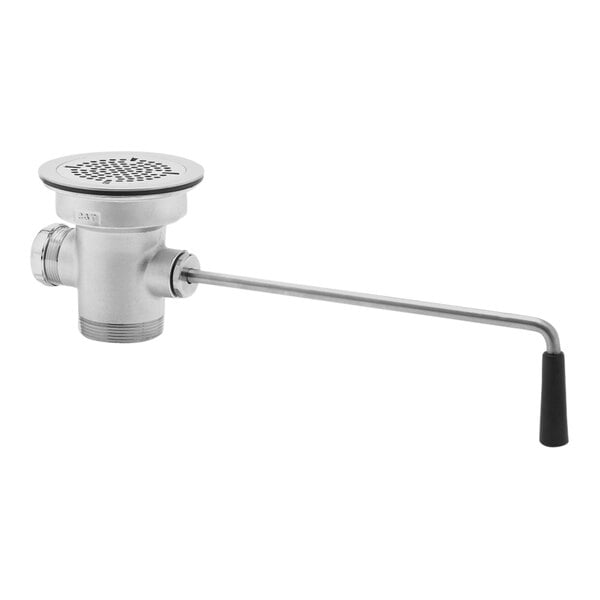 A T&S stainless steel twist waste valve with a long handle.