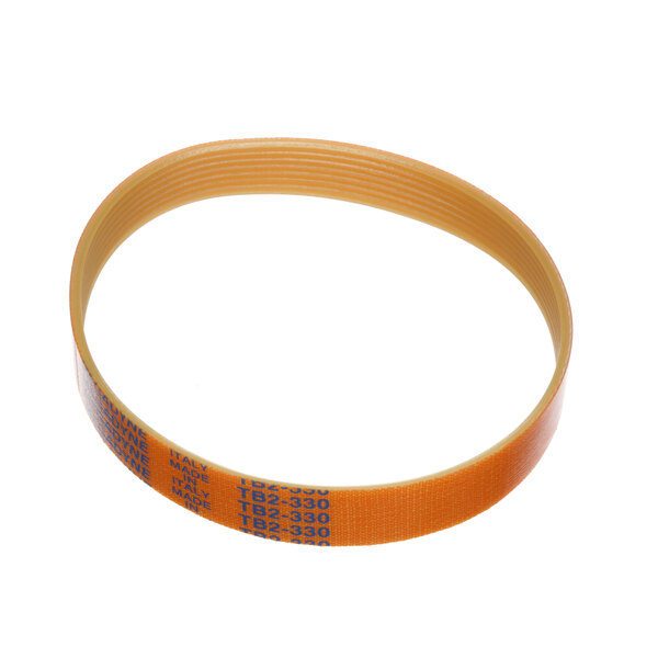 A close-up of a Berkel ribbed rubber belt with orange and blue stripes.