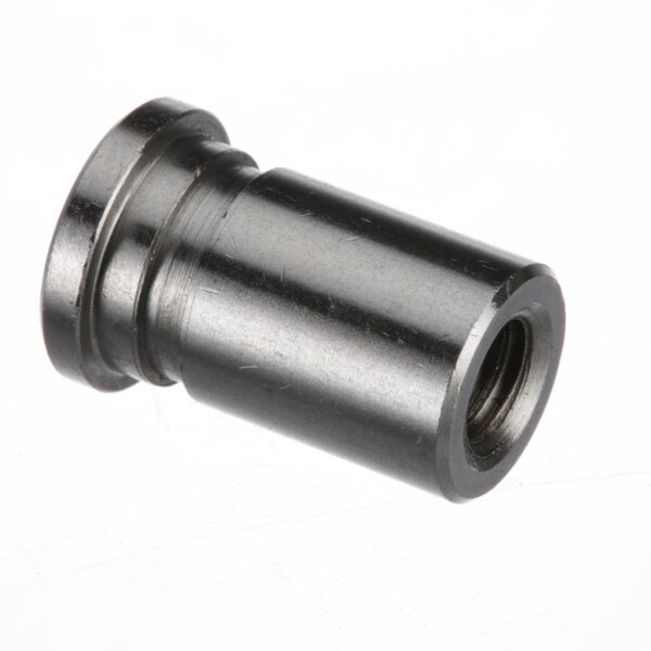 A stainless steel threaded bushing with a nut on a metal cylinder.