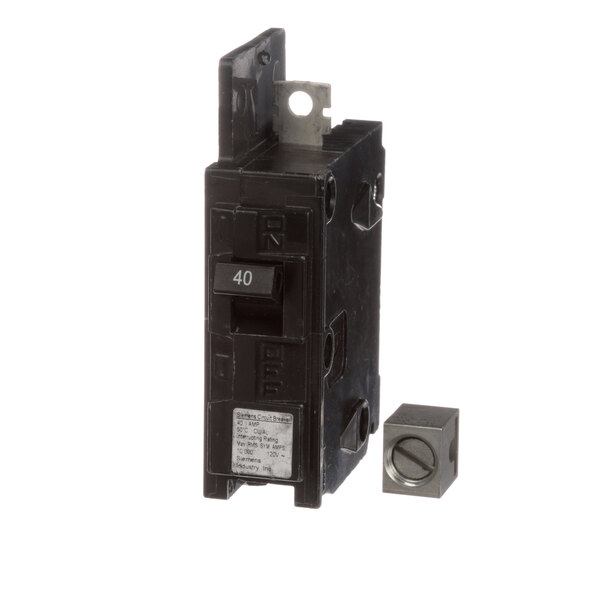 A black rectangular Keating circuit breaker with a metal cover.