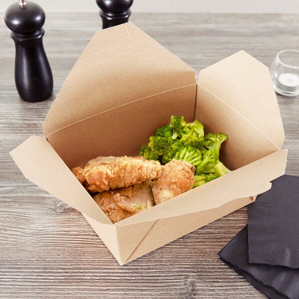 A Fold-Pak Bio-Plus-Earth paper take-out box with chicken and broccoli inside.