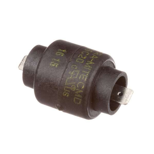 A black cylindrical Manitowoc Ice motor start relay with a metal cap.