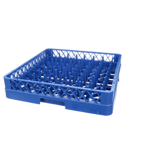 A blue plastic dish rack with pegs.