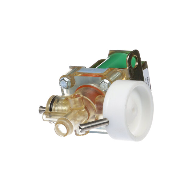 A white and green plastic Fetco valve assembly with metal rods.