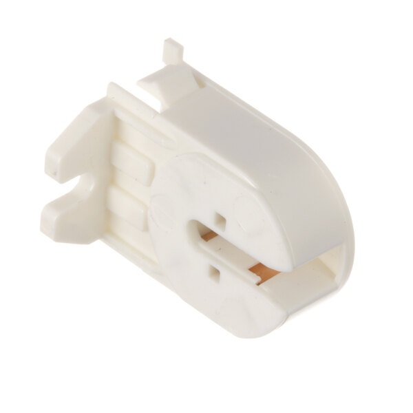 A white plastic Hussmann socket connector with a hole.
