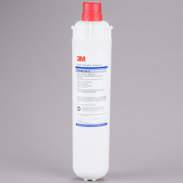 A white 3M water filtration cartridge with a red cap and black text.