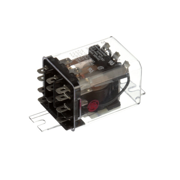A Lang relay in a clear plastic box with a black cover and wires.