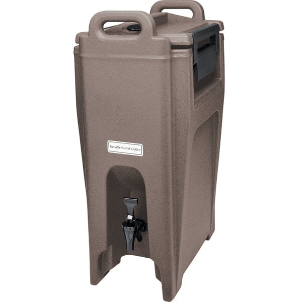 A brown plastic Cambro Ultra Camtainer insulated beverage dispenser with a black lid and handle.
