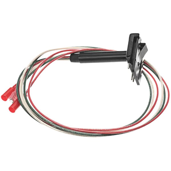 A black hinge plug with red and white wires.