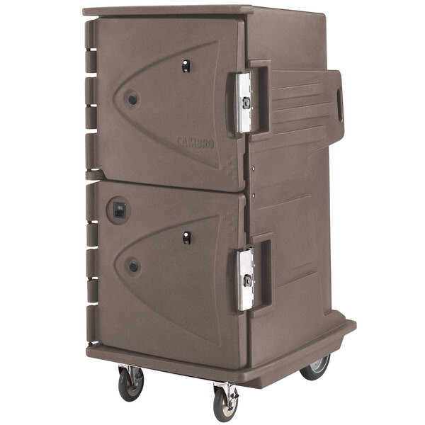 A brown plastic Cambro hot food holding cabinet with tall profile doors on wheels.