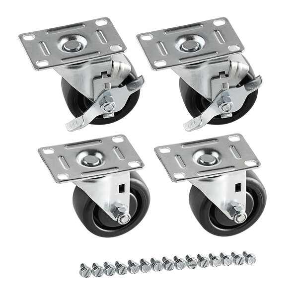 Four black metal Beverage-Air casters with screws and nuts.