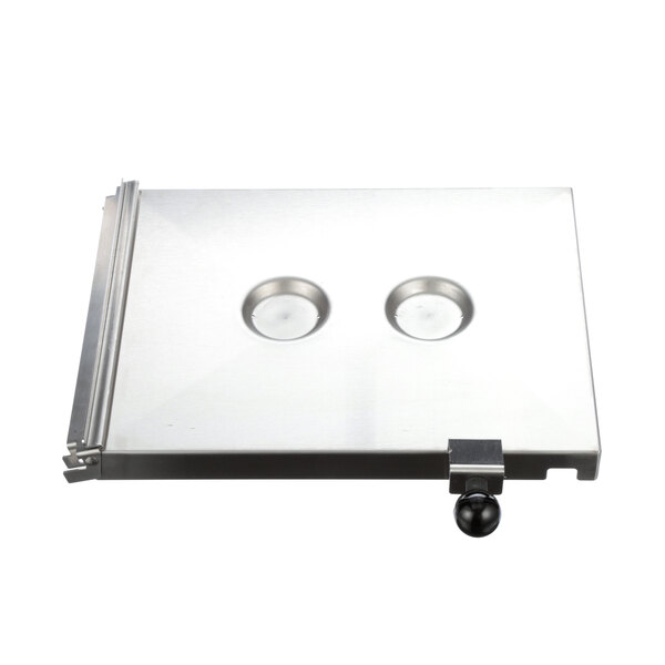 A stainless steel Antunes egg cover tray with two holes.