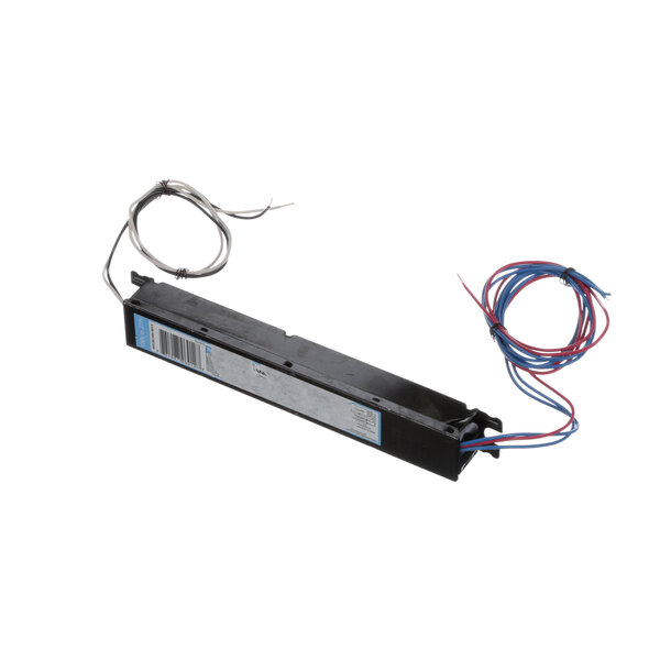 A black rectangular True Refrigeration ballast with blue and red wires and a white label.