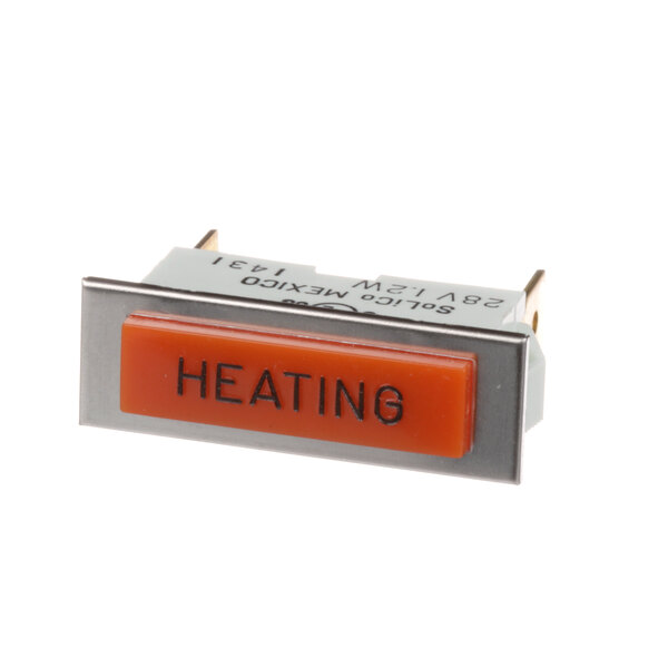 A Frymaster heating lamp switch with orange letters on it.
